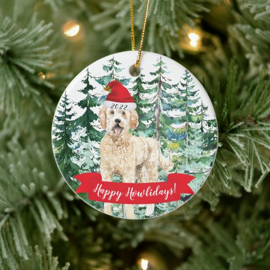 Happy Howlidays Golden Doodle Dog Kerstmis Orname Keramisch Ornament (Boom)