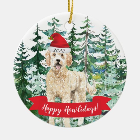 Happy Howlidays Golden Doodle Dog Kerstmis Orname Keramisch Ornament (Voorkant)