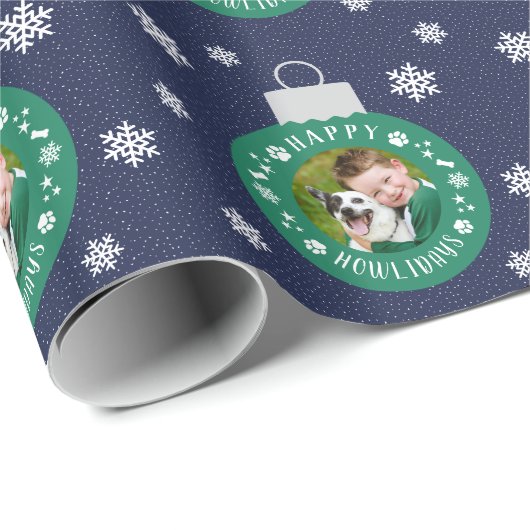 Happy Howlidays Green Custom Pet Dog Photo Cadeaupapier (Rol Hoek)