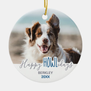 Happy HOWLidays Grey Blue Holiday Pet Foto Keramisch Ornament