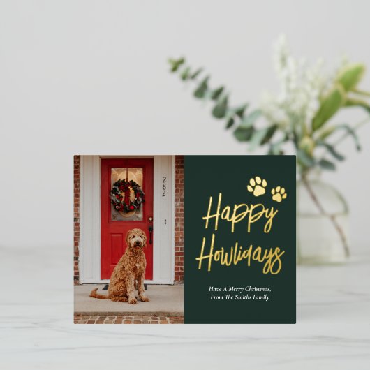 Happy Howlidays Groen Goud Kalligrafie Huisdier Fo Folie Feestdagen Briefkaart (Staand Voorkant)