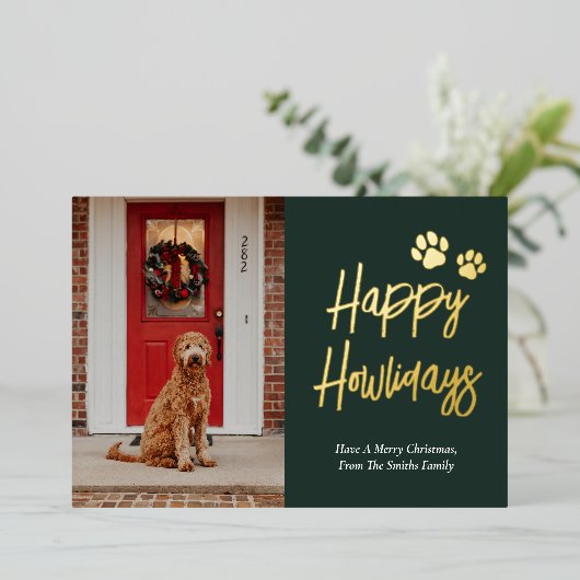 Happy Howlidays Groen Goud Kalligrafie Huisdier Fo Folie Feestdagenkaart (Staand Voorkant)
