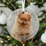Happy Howlidays Hond Kerstmis Moderne Overlay Foto Glas Ornament<br><div class="desc">Schattigee hondenfoto kerstglas ornament. Met een foto naar keuze,  een witte overlay rand,  de tekst 'Happy Howlidays' en naam/namen. Alle tekst kan eenvoudig worden gewijzigd met behulp van de meegeleverde sjabloon.</div>