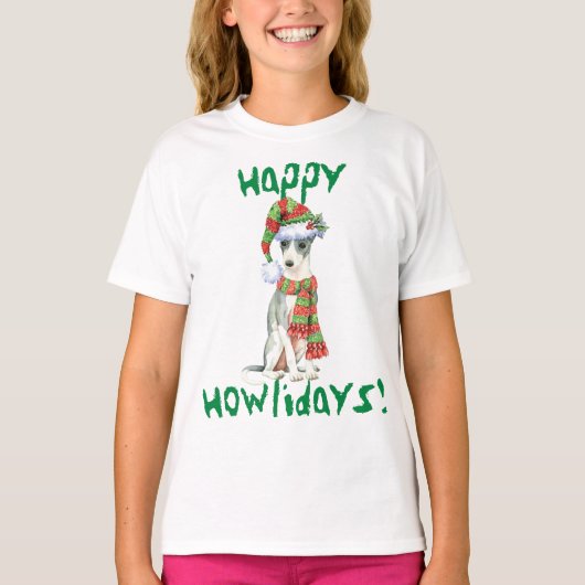 Happy Howlidays Italiaans Greyhound T-Shirt (Voorkant)