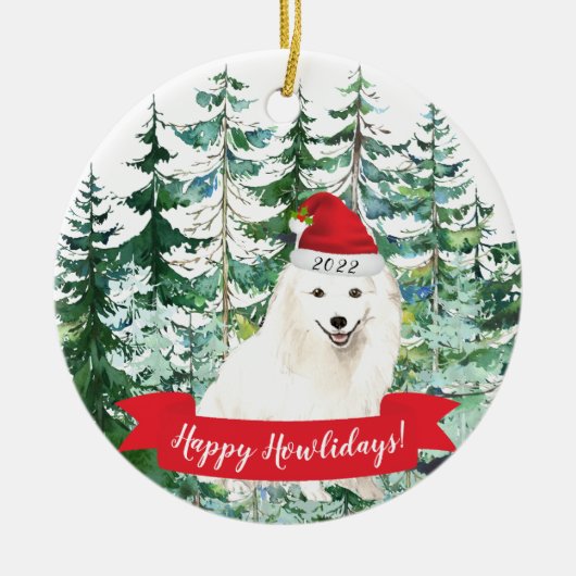 Happy Howlidays Japans Spitz Dog kerstornam Keramisch Ornament (Voorkant)