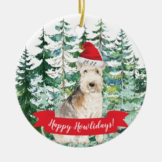 Happy Howlidays Lakeland Terrier Kerstoranje Keramisch Ornament (Voorkant)