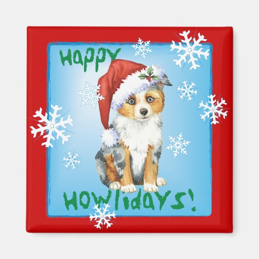 Happy Howlidays Mini American Shepherd Magneet (Voorkant)