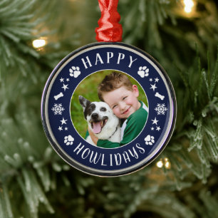 Happy Howlidays Navy Blue Custom Dog Foto Metalen Ornament