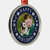Happy Howlidays Navy Blue Custom Dog Foto Metalen Ornament (Rechts)