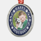 Happy Howlidays Navy Blue Custom Dog Foto Metalen Ornament (Links)