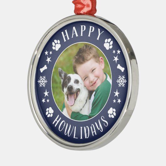 Happy Howlidays Navy Blue Custom Dog Foto Metalen Ornament (Links)