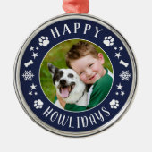 Happy Howlidays Navy Blue Custom Dog Foto Metalen Ornament (Voorkant)