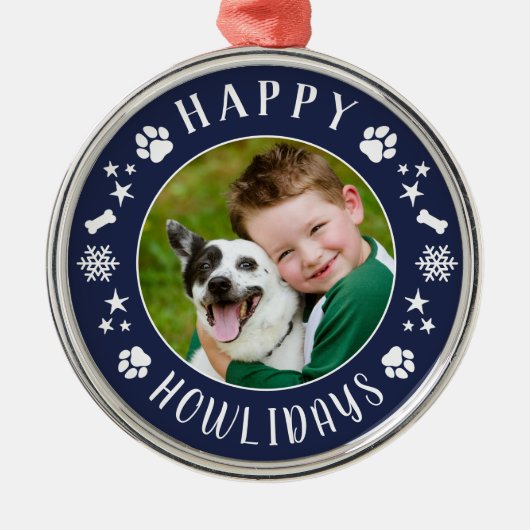 Happy Howlidays Navy Blue Custom Dog Foto Metalen Ornament (Voorkant)