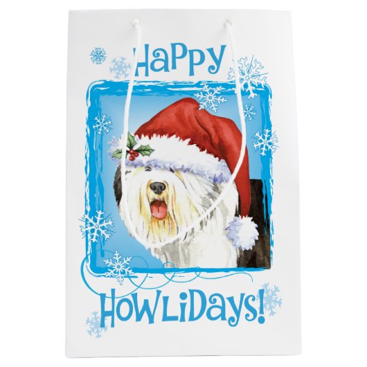 Happy Howlidays Old English Sheepdog Medium Cadeauzakje (Voorkant)