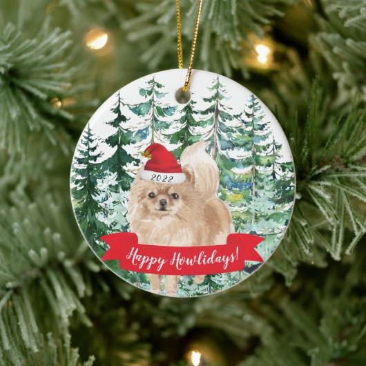 Happy Howlidays Pomeranian Dog Kerstversiering Keramisch Ornament (Boom)