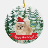 Happy Howlidays Pomeranian Dog Kerstversiering Keramisch Ornament (Voorkant)