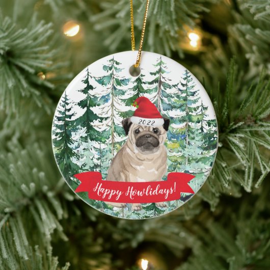 Happy Howlidays Pug Dog kerstversiering Keramisch Ornament (Boom)