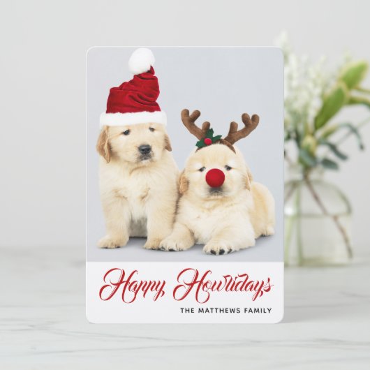 Happy Howlidays Puppy Dog Vakantie Foto Kerstmis Feestdagenkaart (Staand voorkant)