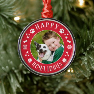 Happy Howlidays Red Custom Dog Photo Metalen Ornament