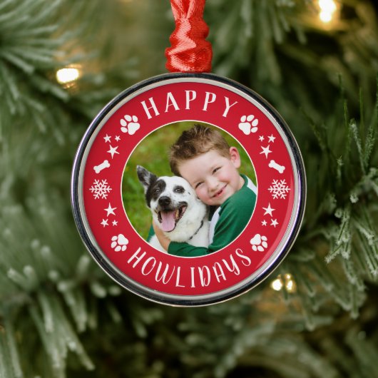 Happy Howlidays Red Custom Dog Photo Metalen Ornament (Boom)
