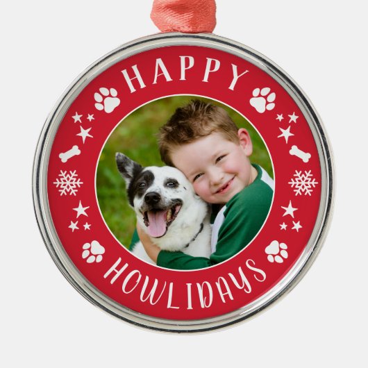 Happy Howlidays Red Custom Dog Photo Metalen Ornament (Voorkant)