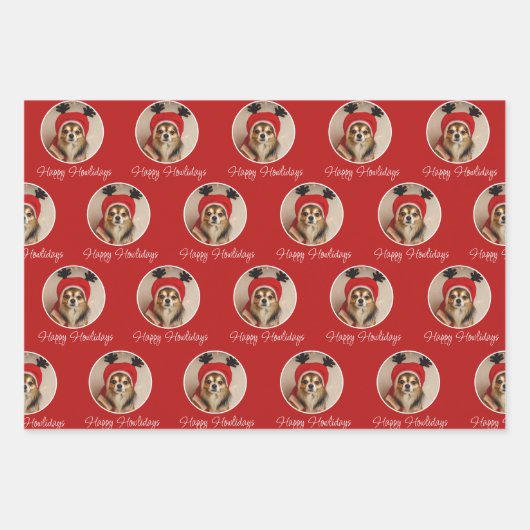 Happy Howlidays Red Green Pink Dog Pet Foto Inpakpapier Vel (Voorkant)
