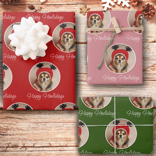 Happy Howlidays Red Green Pink Dog Pet Foto Inpakpapier Vel