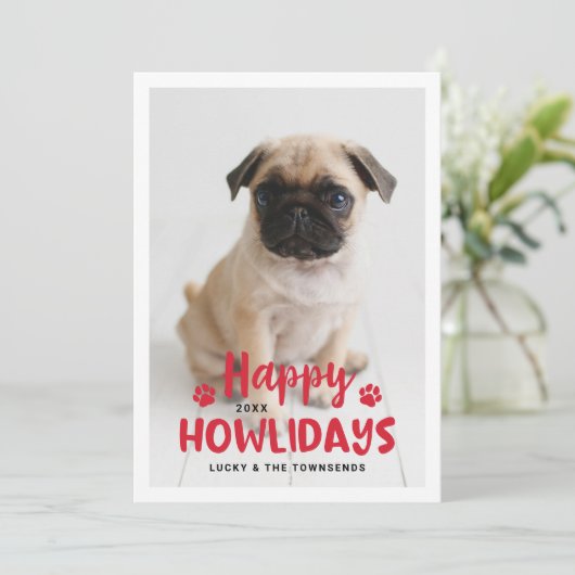 Happy Howlidays Red Puppy Dog Foto Feestdagenkaart (Staand voorkant)