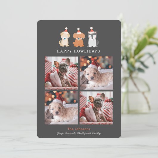 Happy Howlidays Santa Puppies Cream 4 Foto's Grey Feestdagenkaart (Staand voorkant)