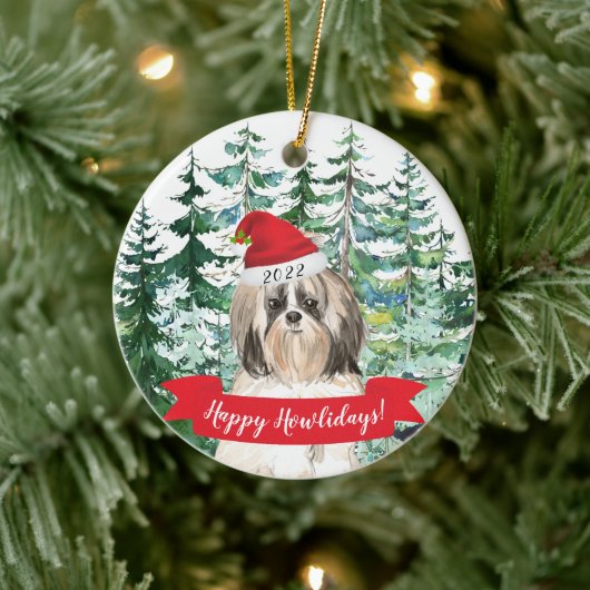 Happy Howlidays Shih tzu Longer Hair Dog Kerstmis Keramisch Ornament (Boom)