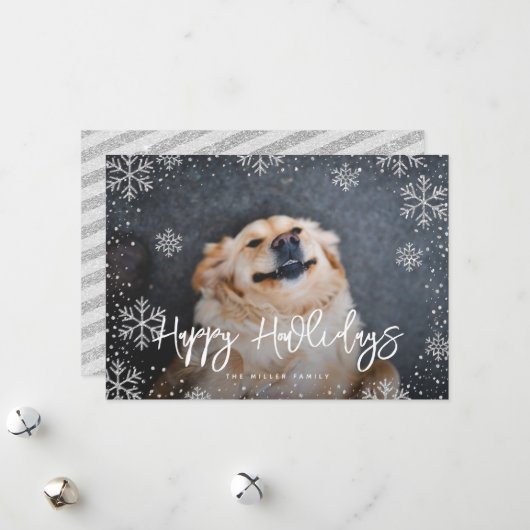 Happy Howlidays Silver Snowflakes Pet Foto Feestdagenkaart (Voorkant / Achterkant in situ)