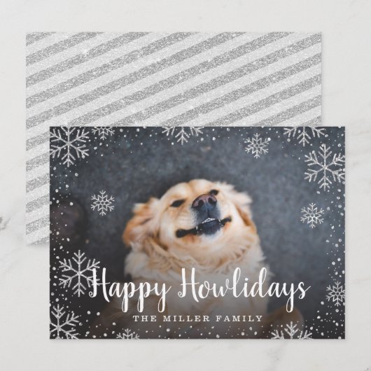 Happy Howlidays Silver Snowflakes Pet Foto Kaart (Voorkant / Achterkant)