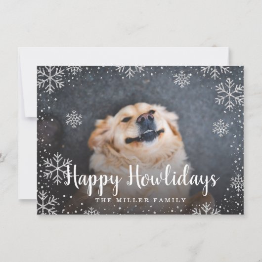 Happy Howlidays Silver Snowflakes Pet Foto Kaart (Voorkant)