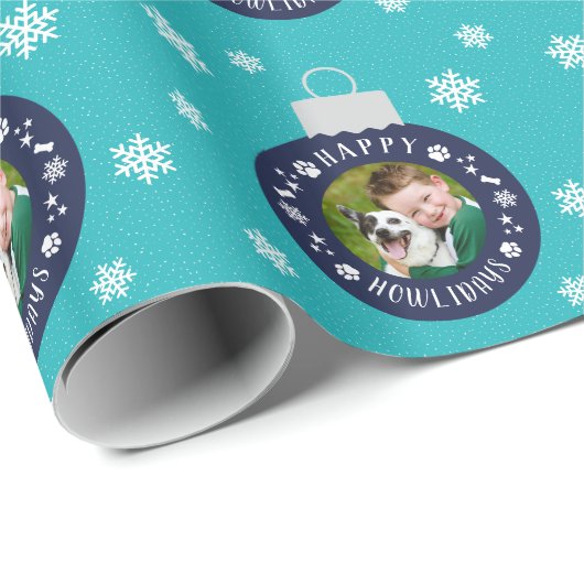 Happy Howlidays Turquoise Custom Dog Photo Cadeaupapier (Rol Hoek)