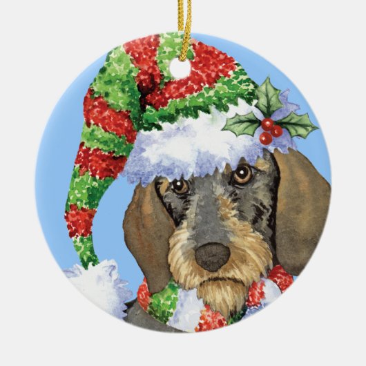 Happy Howlidays Wirehaire Dachshund Keramisch Ornament (Voorkant)