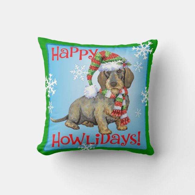 Happy Howlidays Wirehaire Dachshund Kussen (Voorkant)
