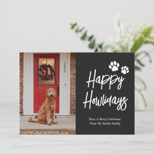 Happy Howlidays Zwart Kalligrafie Huisdier Foto Feestdagenkaart (Staand voorkant)