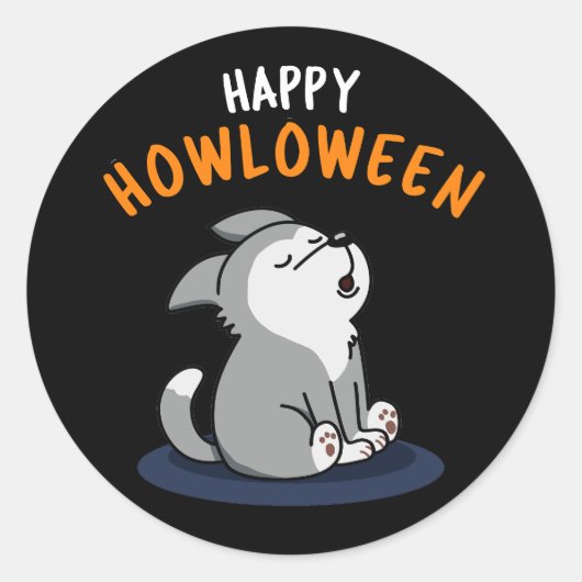 Happy Howloween Funny Dog Pun Dark BG Ronde Sticker (Voorkant)
