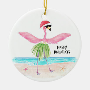 Happy Huladays Flamingo Tropical Beach Kerstmis Keramisch Ornament