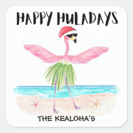 Happy Huladays Flamingo Tropical Beach Kerstmis Vierkante Sticker