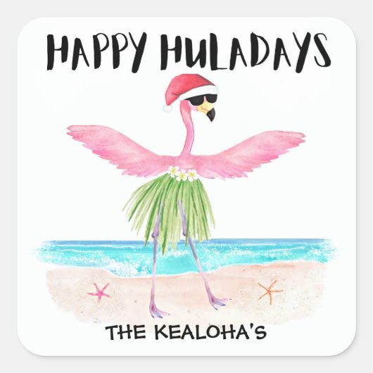Happy Huladays Flamingo Tropical Beach Kerstmis Vierkante Sticker (Voorkant)