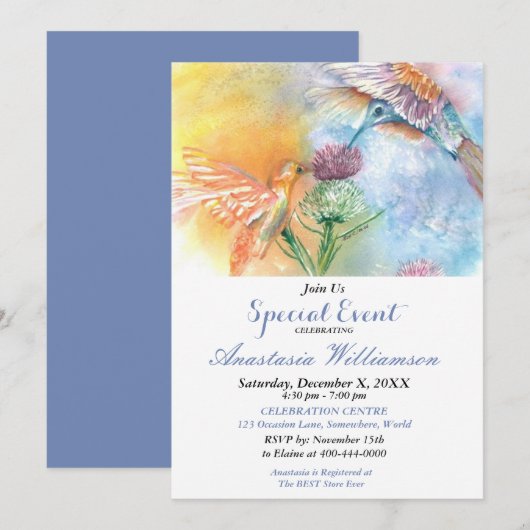 HAPPY HUMMING BIRDS PARTY EFENT INVITE KAART (Voorkant / Achterkant)