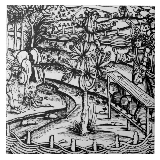 Happy husbandsmen die bijen kussen, illustratie va tegeltje (Voorkant)