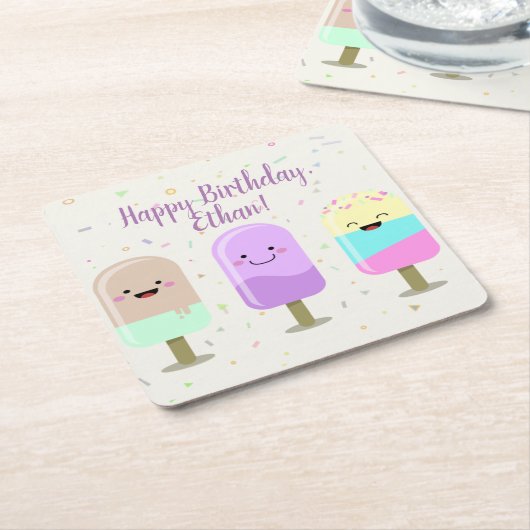 Happy Ice Cream glimlachend bars en popsicles Kartonnen Onderzetters (Schuin)