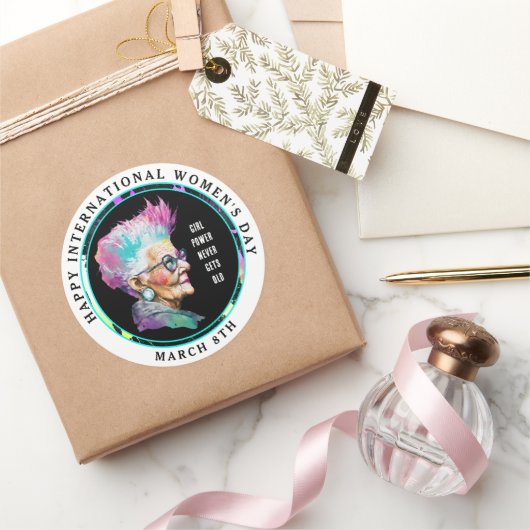 Happy International Women's Day 8 maart Grl Pwr Ronde Sticker (Geschenken)