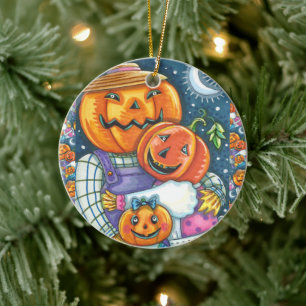 HAPPY JACK O LANTERN FAMILIE, COLORFUL EN CUTE KERAMISCH ORNAMENT
