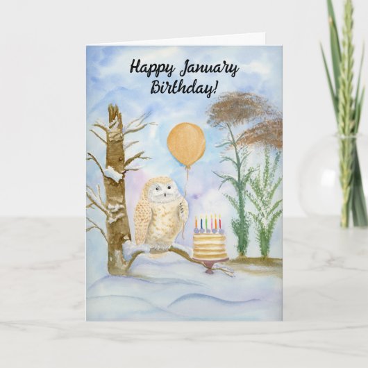Happy January Birthday Barred Owl with Cake Kaart (Voorkant)