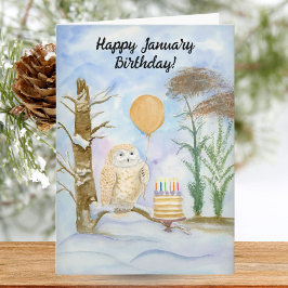 Happy January Birthday Barred Owl with Cake Kaart