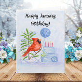 Happy January Birthday Cardinal with Birthday Cake Kaart