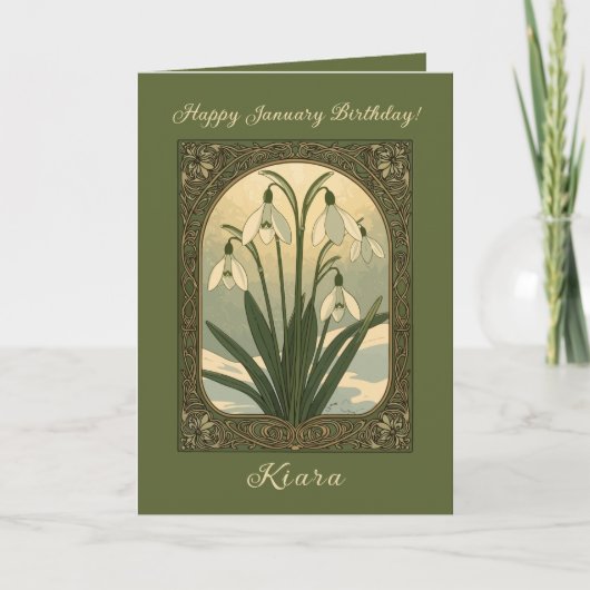 Happy January Birthday Snowdrop Flowers Art Nouvea Kaart (Voorkant)